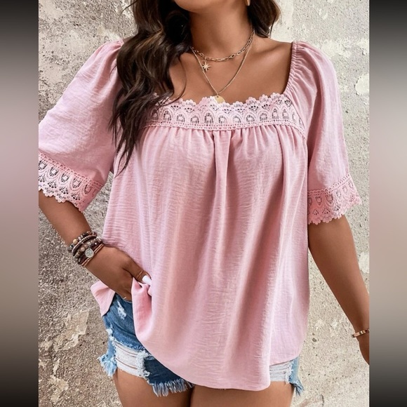 Plus size lace trim square neck blouse - Picture 2 of 16